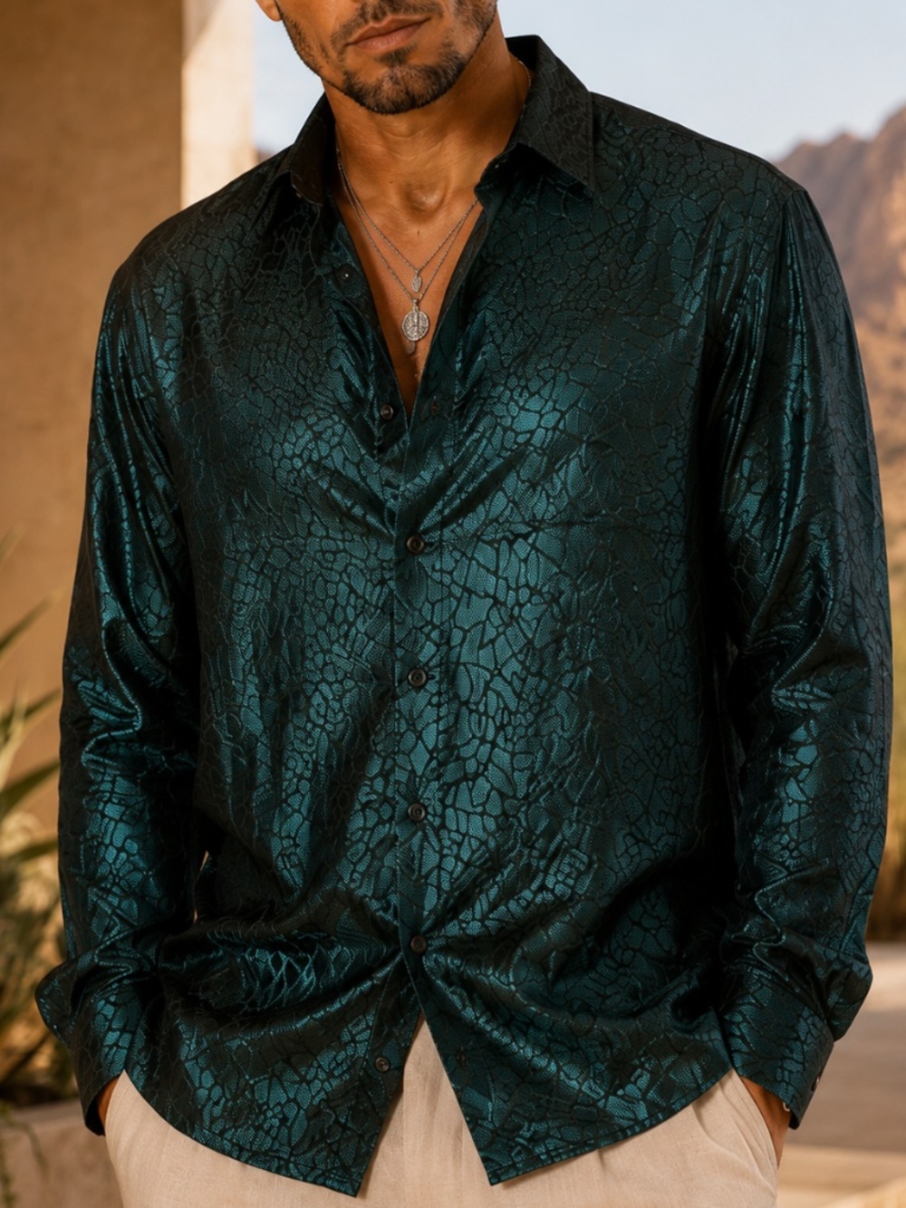 DiBanGu Large Emerald Black Herringbone Satin Shirt